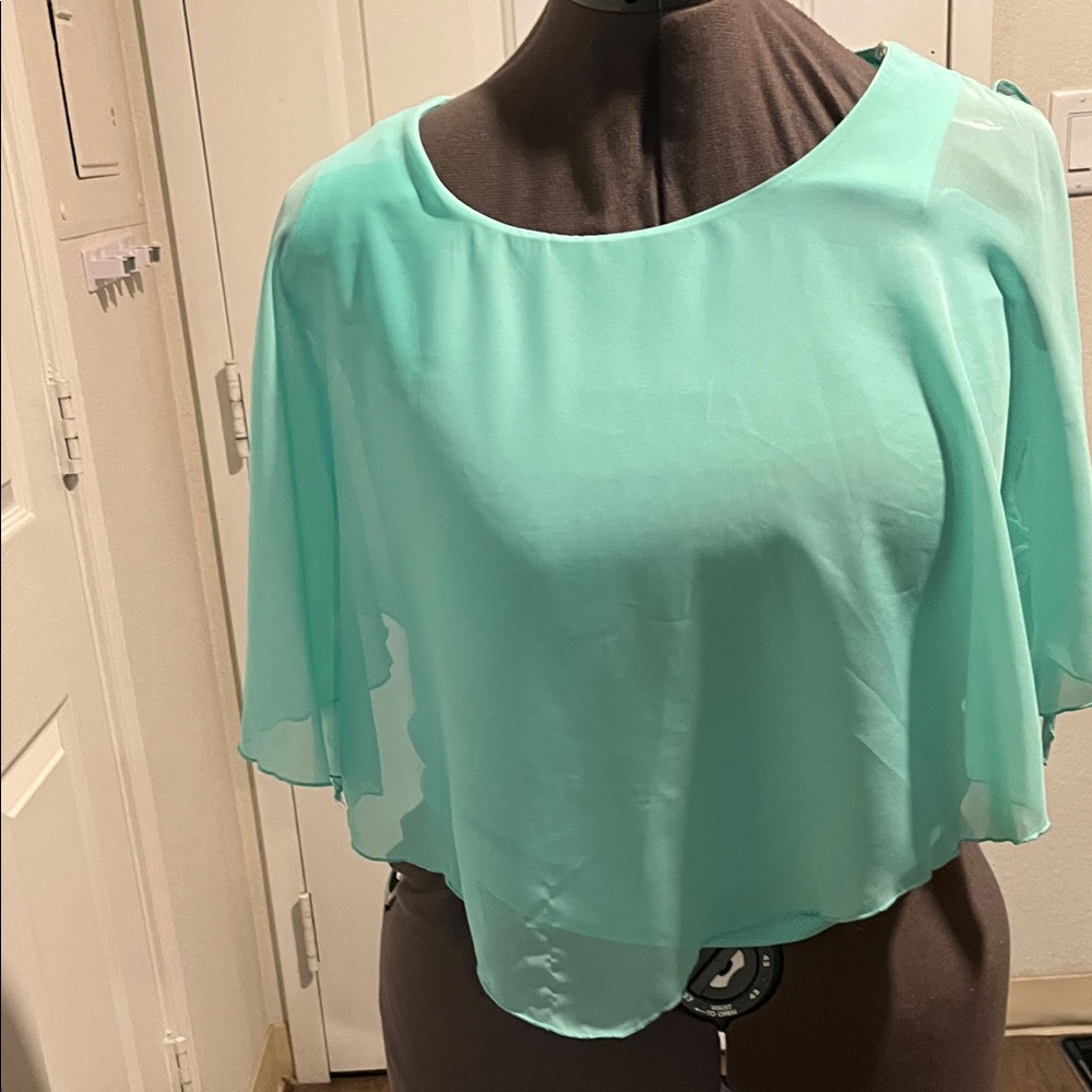 Papaya Mint Chiffon Cape Sleeve Blouse